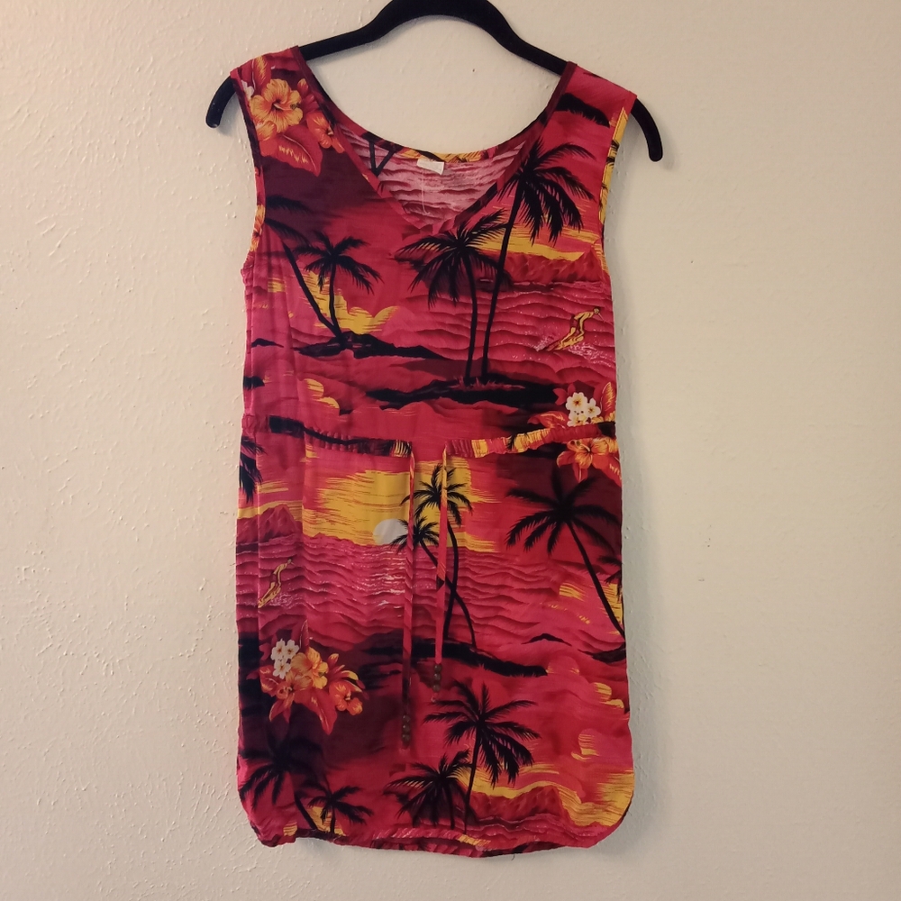 Vibrant Red and Orange Mini Dress with Watercolor And Palm Tree Design